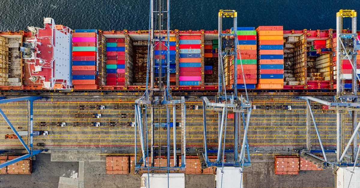 Aerial view of colorful cargo containers at a bustling port in Jakarta, Indonesia.